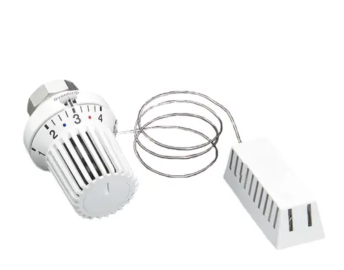Thermostat von Oventrop mit Drehregler und externem Fühler, geeignet für Heizungssteuerung. Weißes Design mit Skala zur Temperatureinstellung.